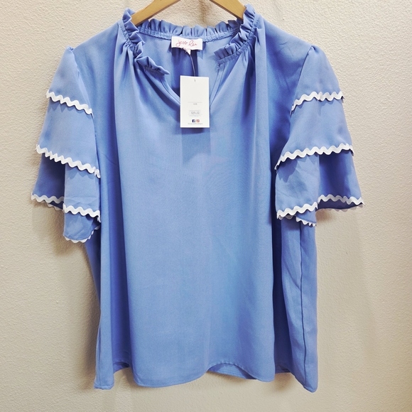 Chic Blue Ruffle Sleeve Blouse - Picture 1 of 1